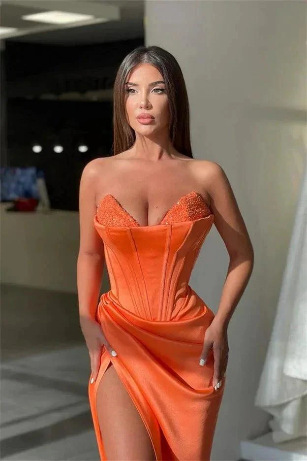 Sexy Long Orange V-neck Sequined Sleeveless Prom Dress With Slit - Image 2