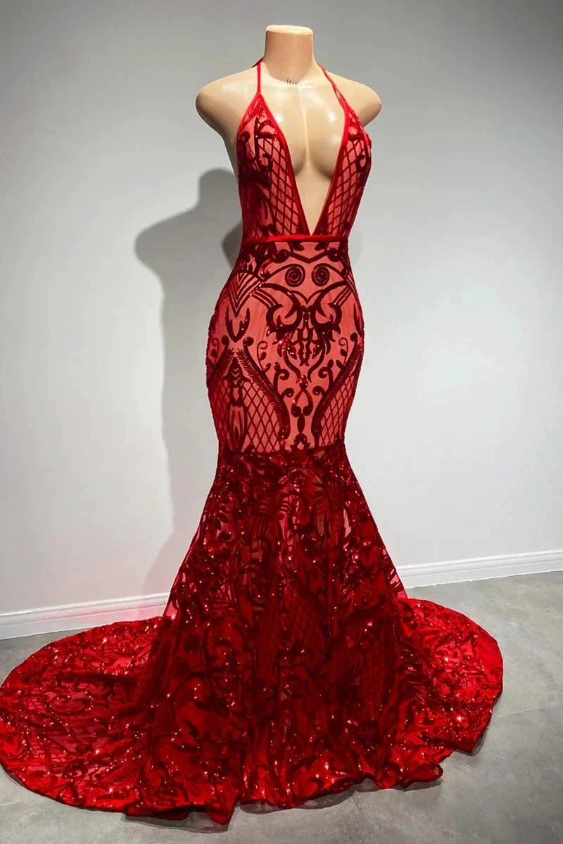 Sexy Long Red Halter Backless V-neck Lace Sleeveless Mermaid Prom Dress - Image 2