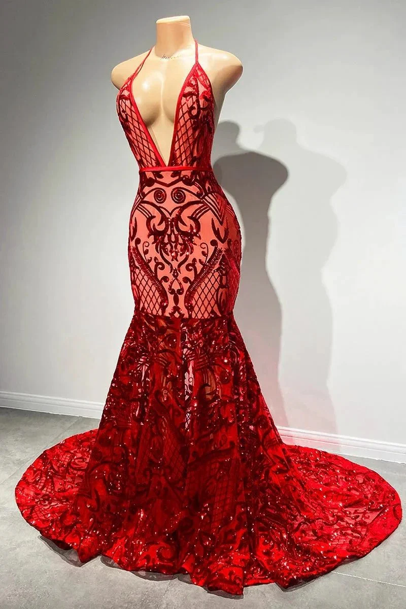 Sexy Long Red Halter Backless V-neck Lace Sleeveless Mermaid Prom Dress - Image 3