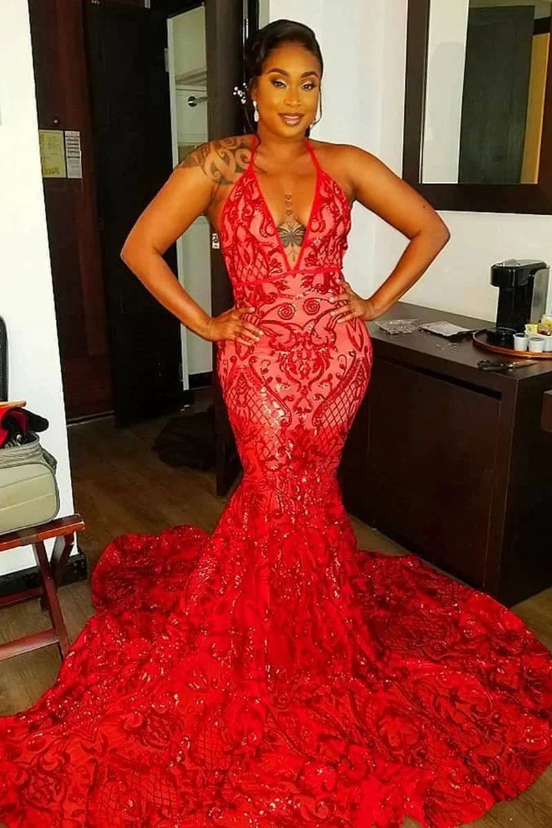 Sexy Long Red Halter Backless V-neck Lace Sleeveless Mermaid Prom Dress - Image 4
