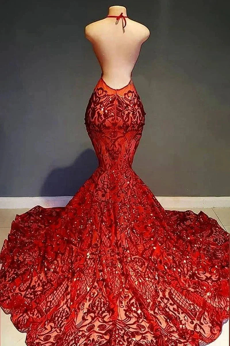 Sexy Long Red Halter Backless V-neck Lace Sleeveless Mermaid Prom Dress - Image 5