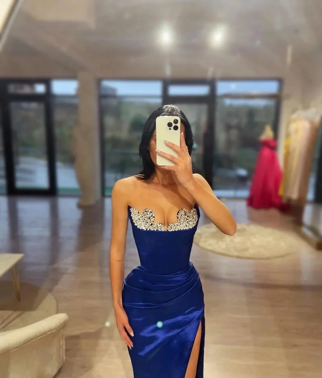 Sexy Long Royal Blue Column Sleeveless Rhinestones Prom Dress With Slit - Image 2