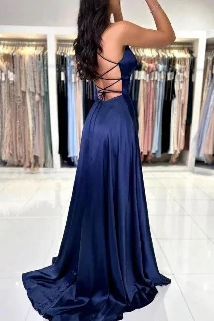 Sexy Long Simple Navy Blue Spaghetti Straps Prom dresses with Slit - Image 2