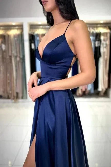 Sexy Long Simple Navy Blue Spaghetti Straps Prom dresses with Slit - Image 3