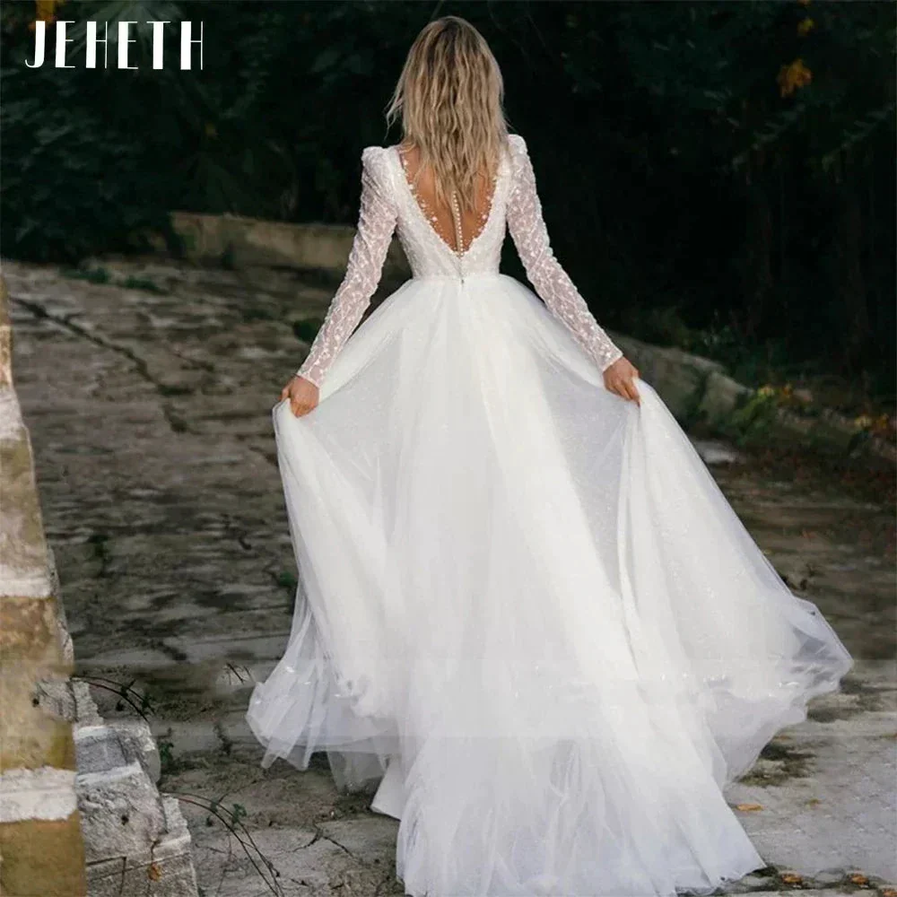 Sexy Long Sleeve Wedding Dress Beach Women Illusion Back Lace Appliques V-Neck A-Line Bridal Gown Tulle Vestidos De Novia - Image 2