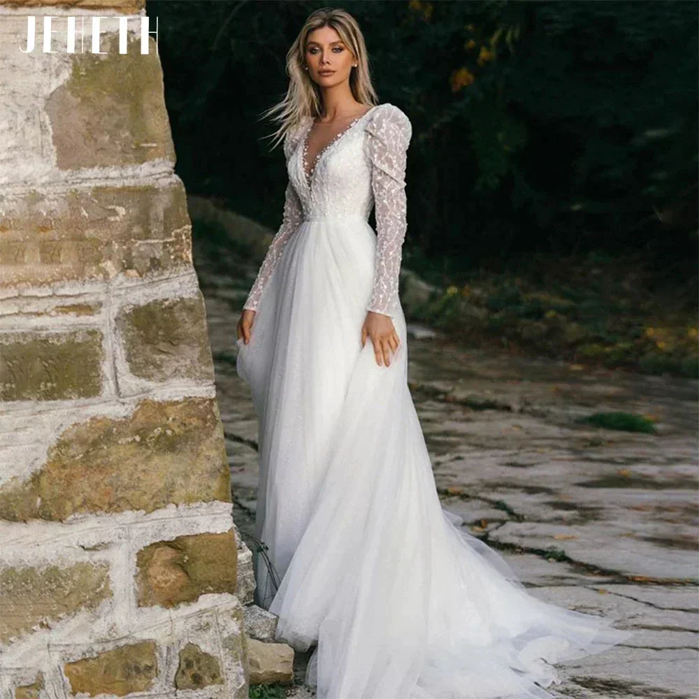 Sexy Long Sleeve Wedding Dress Beach Women Illusion Back Lace Appliques V-Neck A-Line Bridal Gown Tulle Vestidos De Novia - Image 3