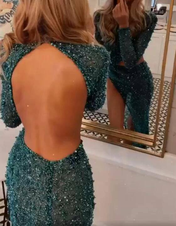 Sexy Long Sleeves Mermaid High Neck Sequined Formal Prom Dresses with Slit - Image 2