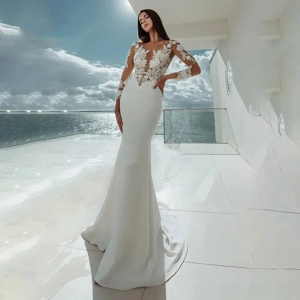 Sexy Long Sleeves Mermaid Wedding Dresses White Illusion Neck Lace Appliques 2023 Bridal Dress Gowns Beach Vestidos De Noiva - Image 2