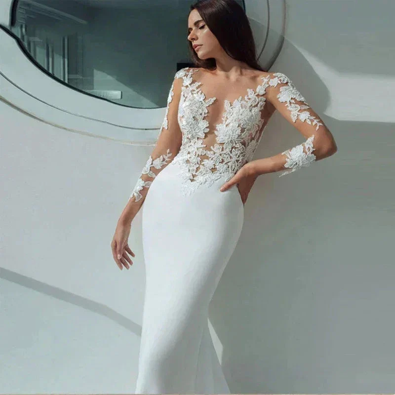 Sexy Long Sleeves Mermaid Wedding Dresses White Illusion Neck Lace Appliques 2023 Bridal Dress Gowns Beach Vestidos De Noiva - Image 3