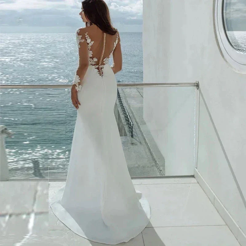 Sexy Long Sleeves Mermaid Wedding Dresses White Illusion Neck Lace Appliques 2023 Bridal Dress Gowns Beach Vestidos De Noiva - Image 4