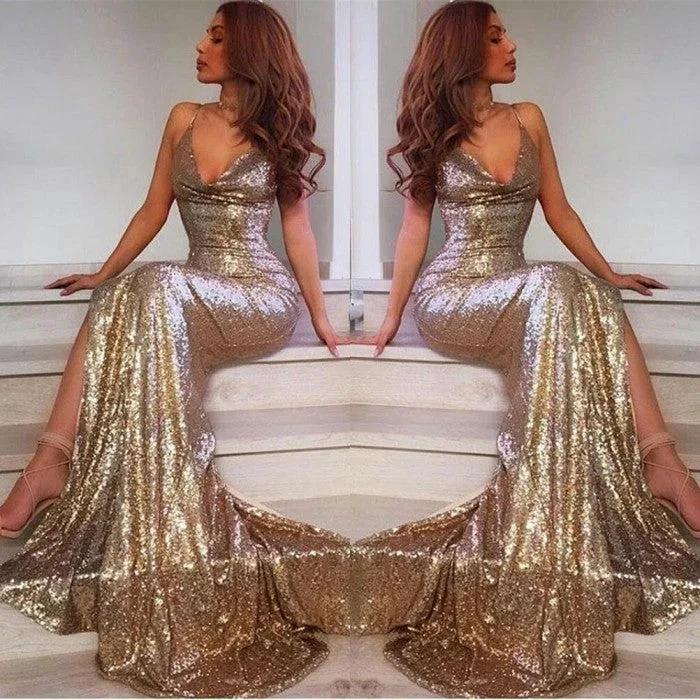 Sexy Long V-neck Open Back Sequins Mermaid Prom Dress with Slit - Image 2