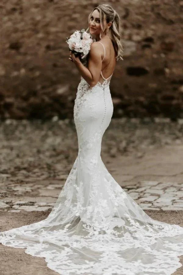 Sexy Long White Spaghetti Straps Mermaid Backless Wedding Dress with Lace - Image 2