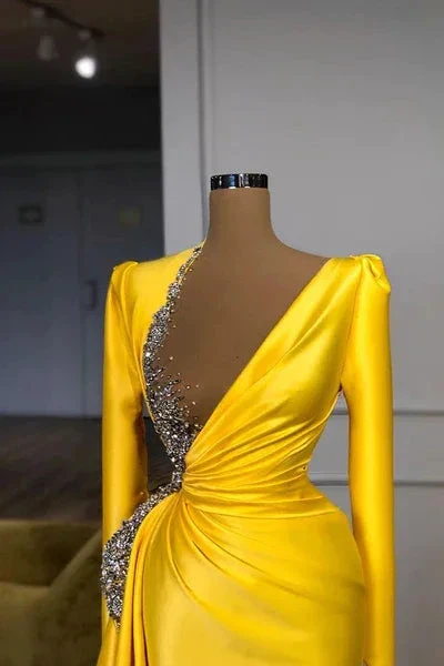 Sexy Long Yellow V-neck Sequined Split Prom Dress With Long Sleeves - Image 2