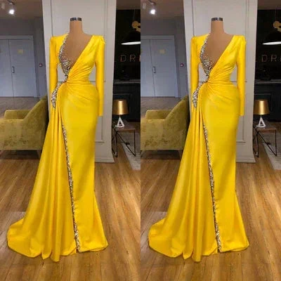 Sexy Long Yellow V-neck Sequined Split Prom Dress With Long Sleeves - Image 3