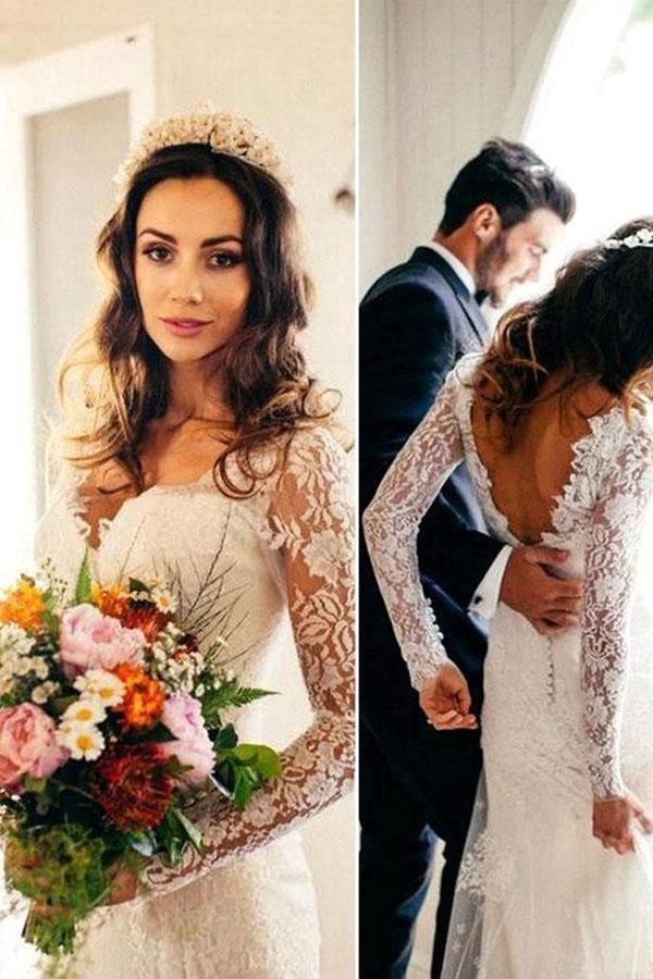 Sexy Mermaid Long Sleeves White Lace Wedding Dress WD120 - Image 2