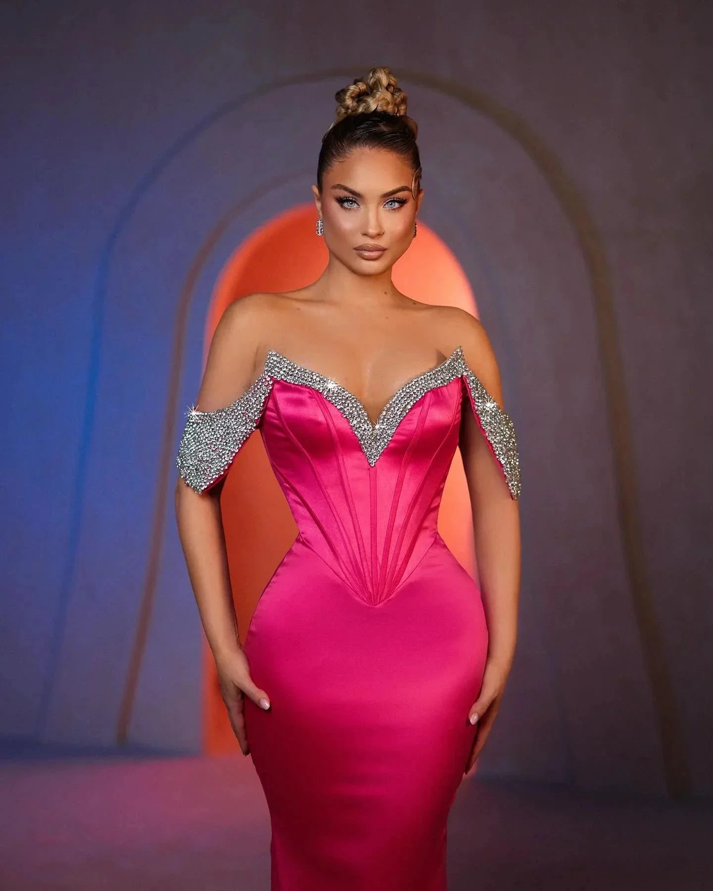 Sexy Mermaid Off-the-shoulder Sleeveless Rhinestone Satin Prom Dresses - Image 2
