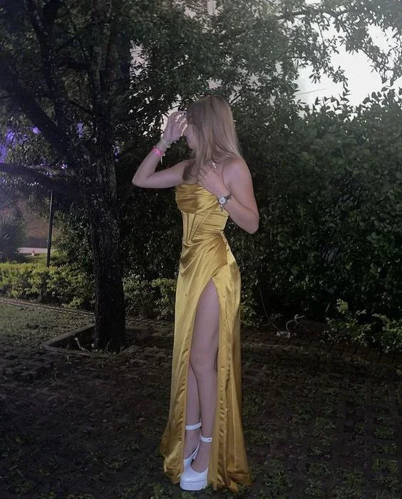 Sexy Mermaid Silk Satin Evening Dress Long Yellow Prom Dress Y7304 - Image 2
