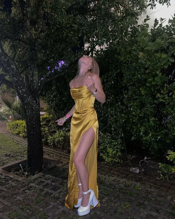 Sexy Mermaid Silk Satin Evening Dress Long Yellow Prom Dress Y7304 - Image 3