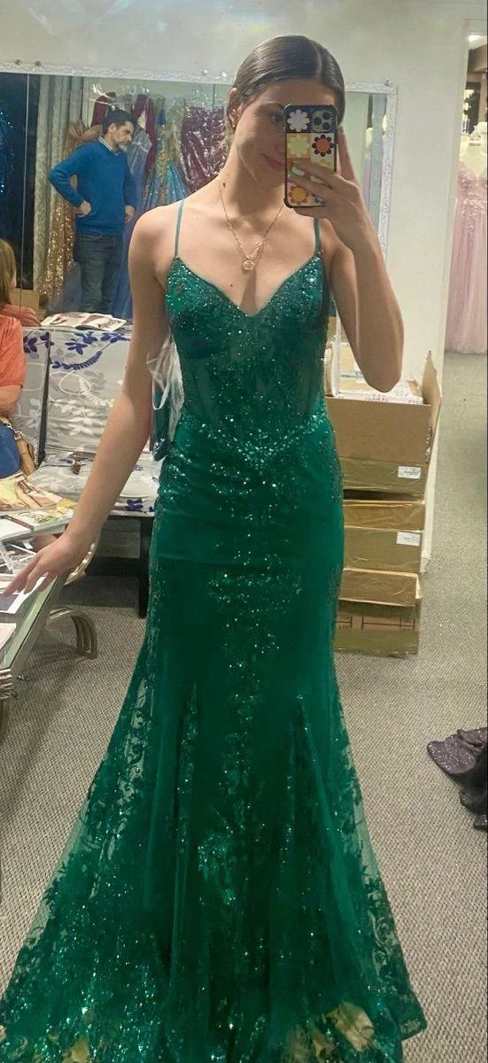 Sexy Mermaid Spaghetti Straps Prom Dresses Green Appliques Evening Dresses Y1852 - Image 2