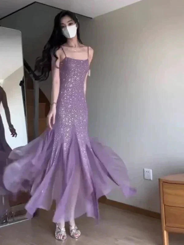 Sexy Mermaid Spaghetti Straps Purple Chiffon Beaded Evening Dress Prom Dress Y7812 - Image 4