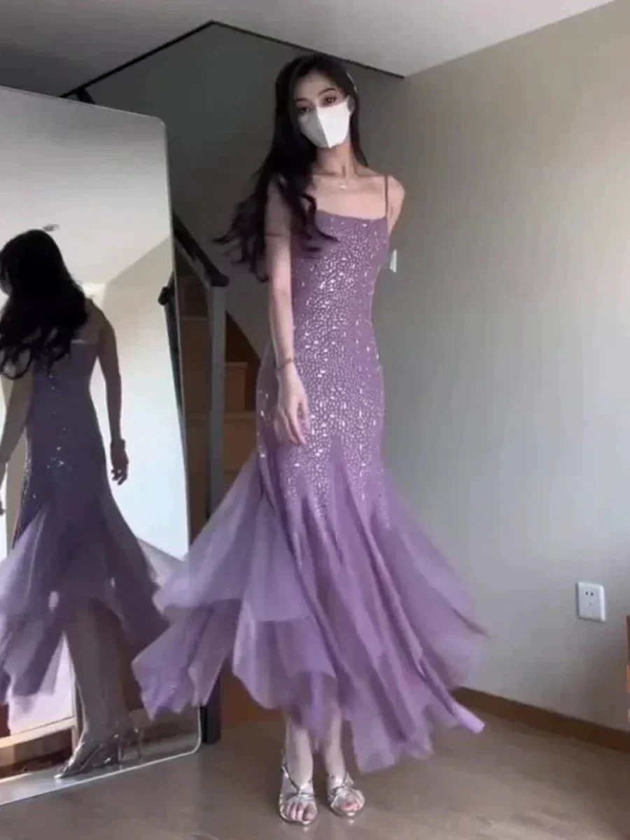 Sexy Mermaid Spaghetti Straps Purple Chiffon Beaded Evening Dress Prom Dress Y7812 - Image 5