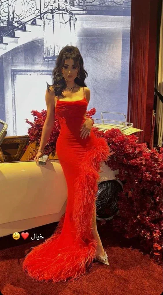 Sexy Mermaid Straps Red Prom Dress With Feathers,Long Evening Dress Y7901 - Image 2