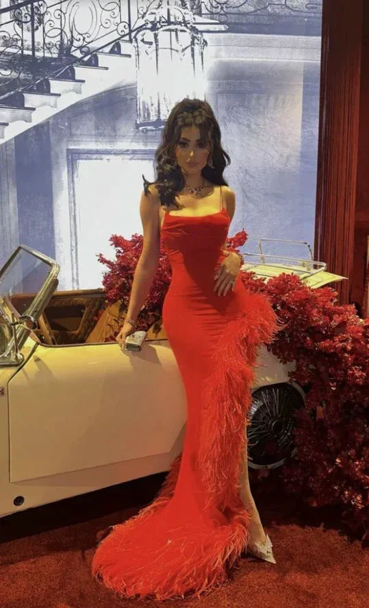Sexy Mermaid Straps Red Prom Dress With Feathers,Long Evening Dress Y7901 - Image 3