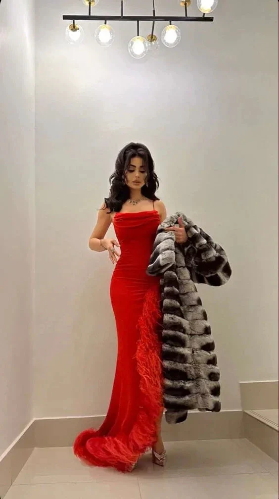 Sexy Mermaid Straps Red Prom Dress With Feathers,Long Evening Dress Y7901 - Image 4