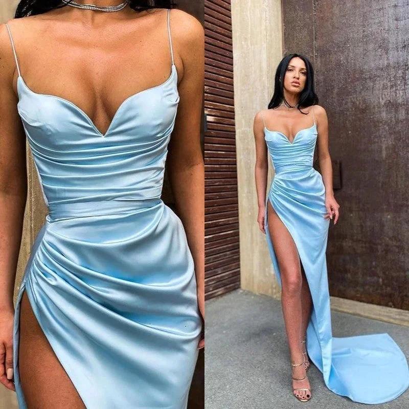 Sexy Mermaid Sweetheart Sky Blue Satin Long Prom Evening Dresses with High Split - Image 2