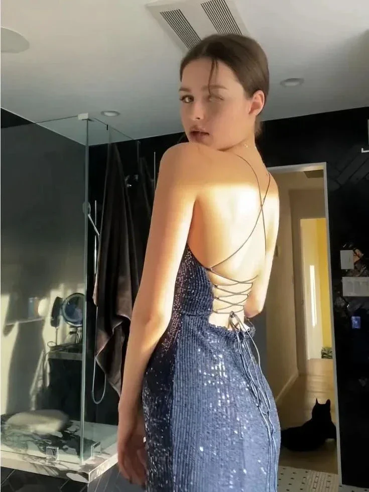 Sexy Navy Blue V Neck Slit Evening Dress Long Prom Dress Y7798 - Image 3