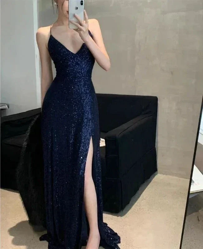 Sexy Navy Blue V Neck Slit Evening Dress Long Prom Dress Y7798 - Image 4