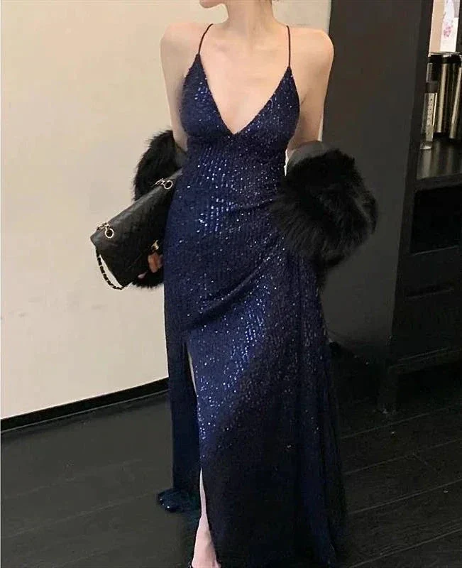 Sexy Navy Blue V Neck Slit Evening Dress Long Prom Dress Y7798 - Image 5