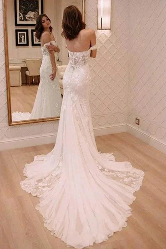 Sexy Off Shoulder Appliqued Beach with Court Train Ivory Elegant Wedding Dresses - Image 2