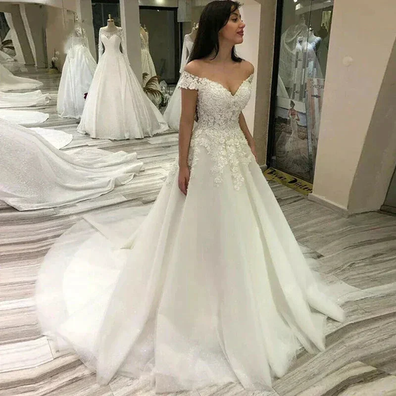 Sexy Off Shoulder Lace Wedding Dress Vintage Women's A-Line Gownes Robe De Soir é e De Mariage Bridal Dress Vestidos De Fiesta