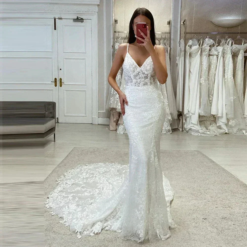 Sexy Off Shoulder Mermaid Mopping Wedding Dresses V Neck Bride Gowns Sleeveless Bridal Robes Appliques Backless Lace Charming - Image 3