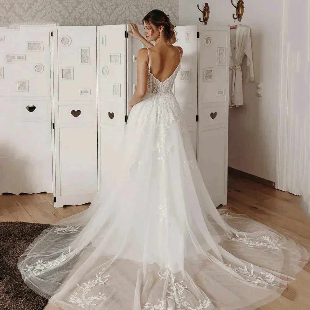 Sexy Off Shoulder Sleeveless Mopping Wedding Dresses Spaghetti Straps V-Neck Simple White Backless Pleat Princess Bride Gowns - Image 2