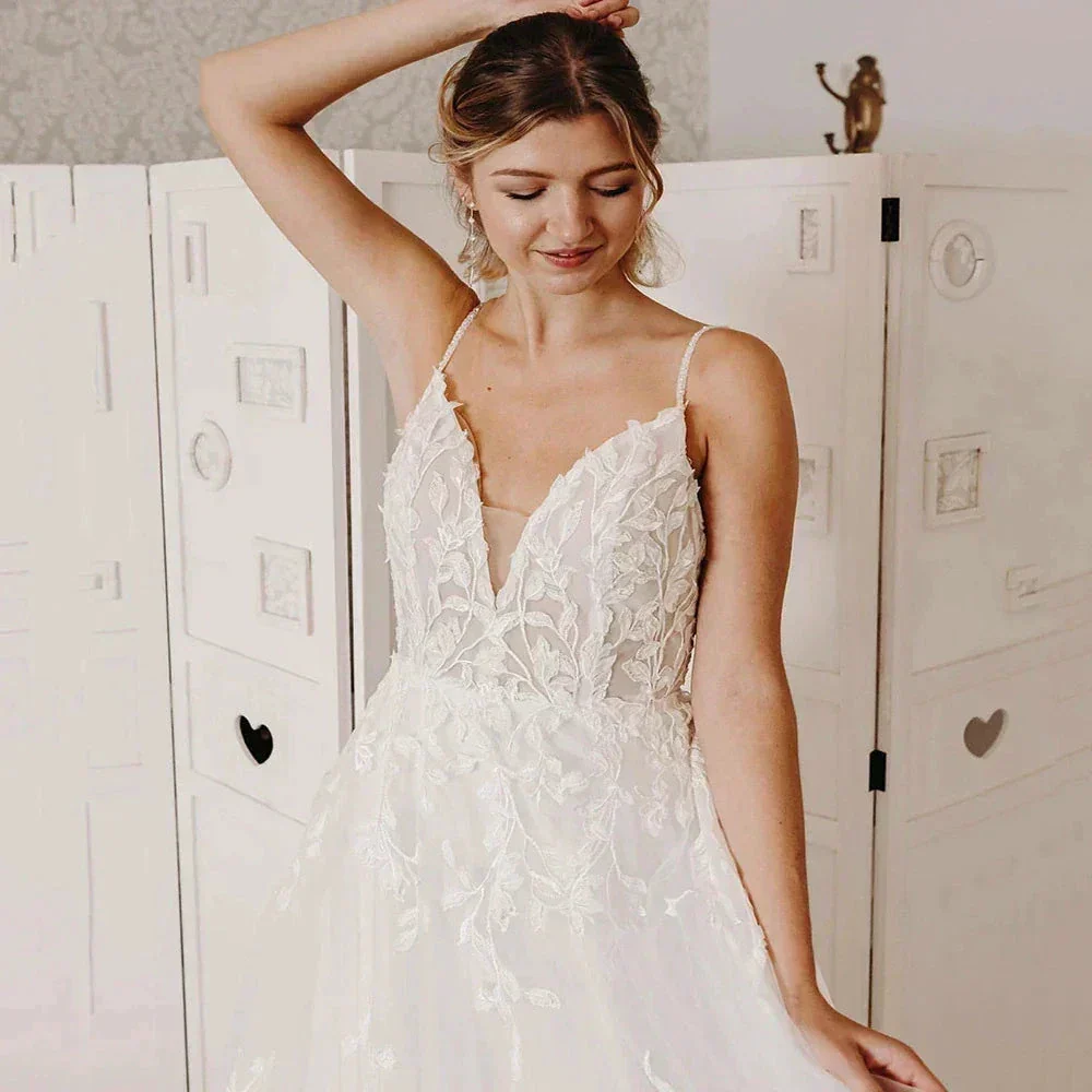Sexy Off Shoulder Sleeveless Mopping Wedding Dresses Spaghetti Straps V-Neck Simple White Backless Pleat Princess Bride Gowns - Image 3