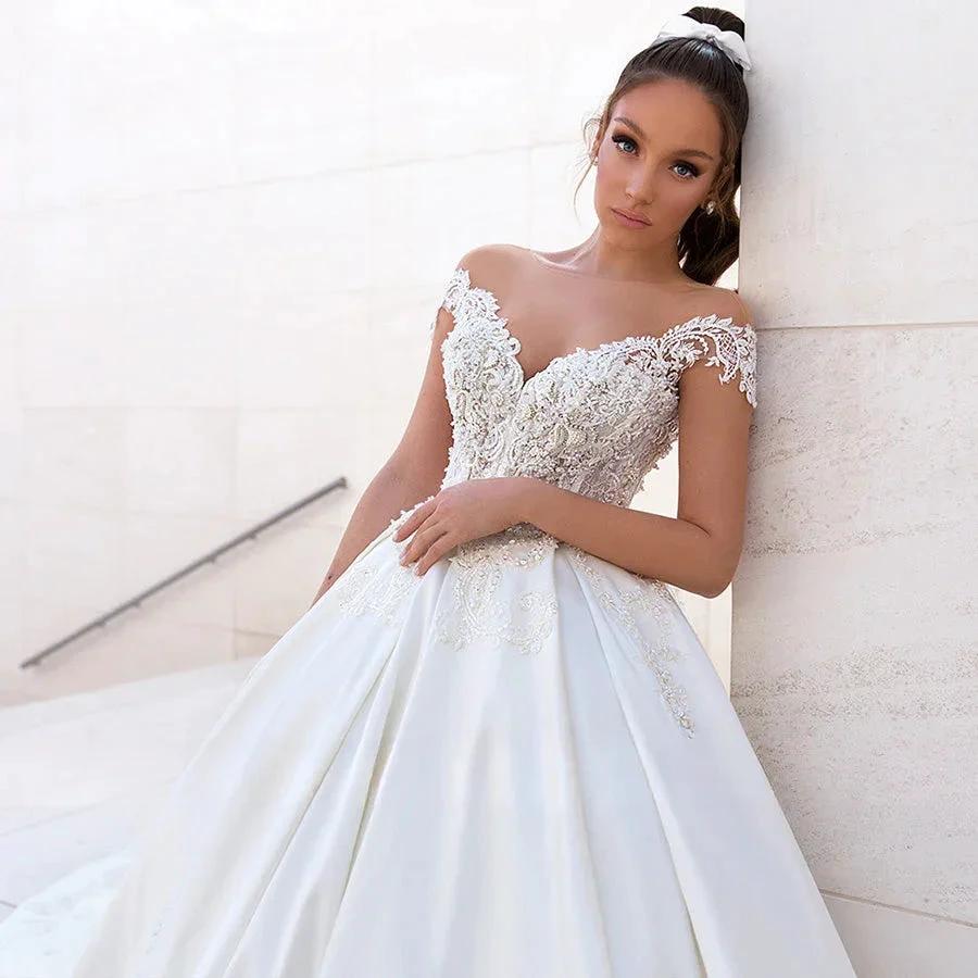 Sexy Off Shoulder Wedding Dresses A-Line Lace Applique Women's Elegant Sleeveless Beach Party Satin Beads Applique Bridal Gowns - Image 3