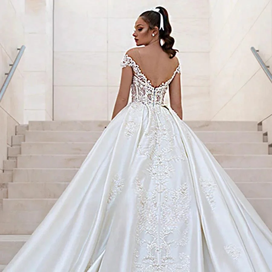 Sexy Off Shoulder Wedding Dresses A-Line Lace Applique Women's Elegant Sleeveless Beach Party Satin Beads Applique Bridal Gowns - Image 4