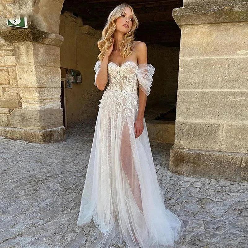 Sexy Off Shoulder Wedding Dresses Bohemian Tulle Elegant Women's Side Split A-line Lace Applique Beach Bridal Dress Sleeveless - Image 3