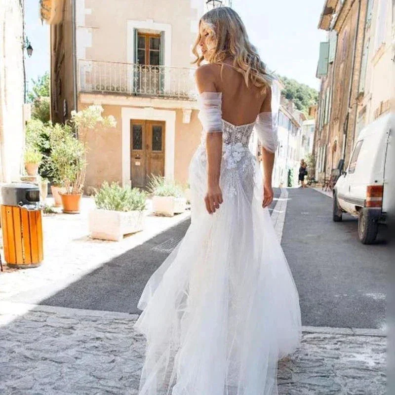 Sexy Off Shoulder Wedding Dresses Bohemian Tulle Elegant Women's Side Split A-line Lace Applique Beach Bridal Dress Sleeveless - Image 4