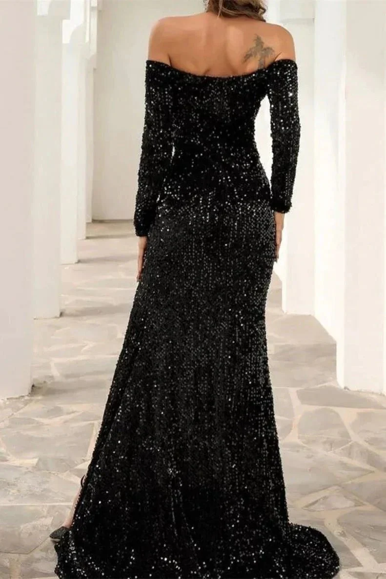 Sexy Off The Shoulder Black Sequined Front-Split Prom Dresses With Long Sleeves - Image 3