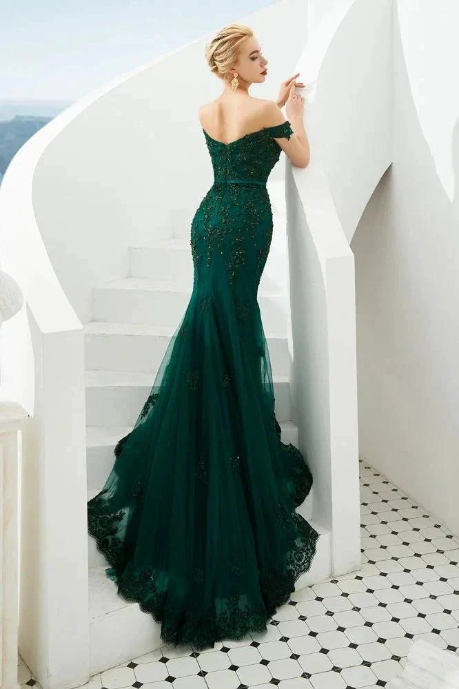 Sexy Off the Shoulder Mermaid Evening Party Gown Backless Tulle Prom Dress - Image 3