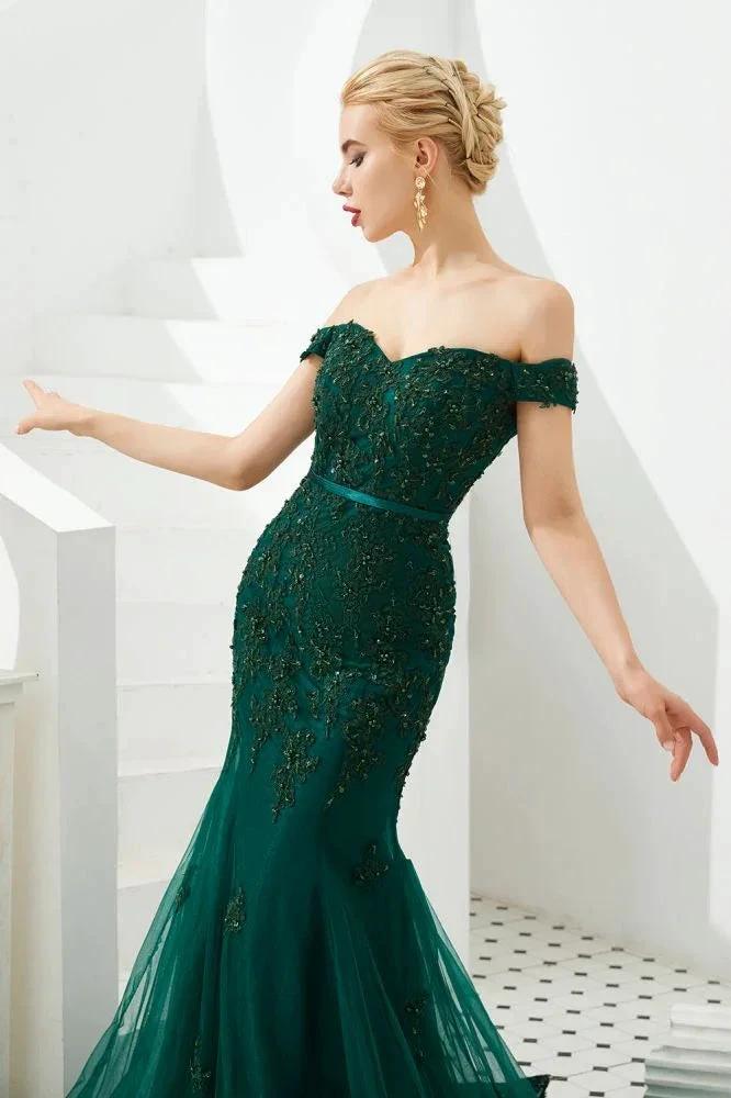 Sexy Off the Shoulder Mermaid Evening Party Gown Backless Tulle Prom Dress - Image 7
