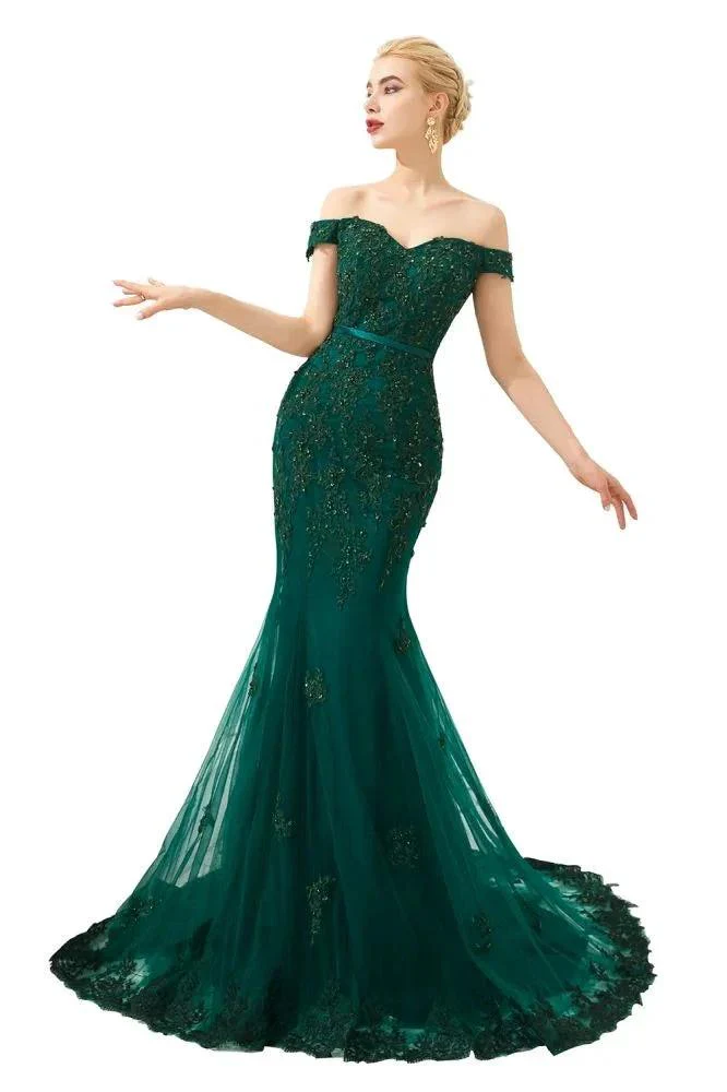 Sexy Off the Shoulder Mermaid Evening Party Gown Backless Tulle Prom Dress - Image 9
