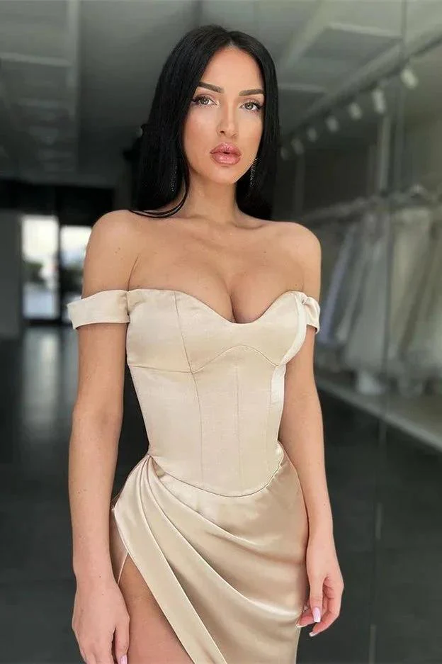 Sexy Off-the-Shoulder Side Slit Satin Long Prom Dress - Image 2
