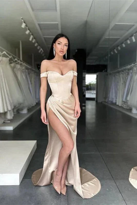 Sexy Off-the-Shoulder Side Slit Satin Long Prom Dress - Image 3