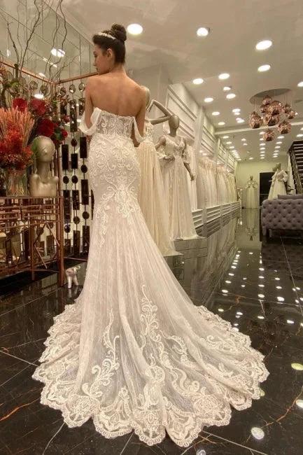 Sexy Off-the-shoulder Sleeveless Mermaid Floor-Length Lace Wedding Dresses with Brush Train - Image 2