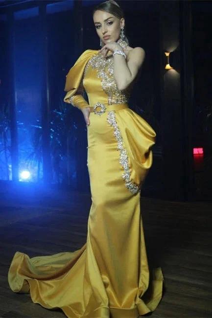 Sexy One Puffy Sleeves Satin Mermaid Prom Dress with Glitter Crystals - Image 2