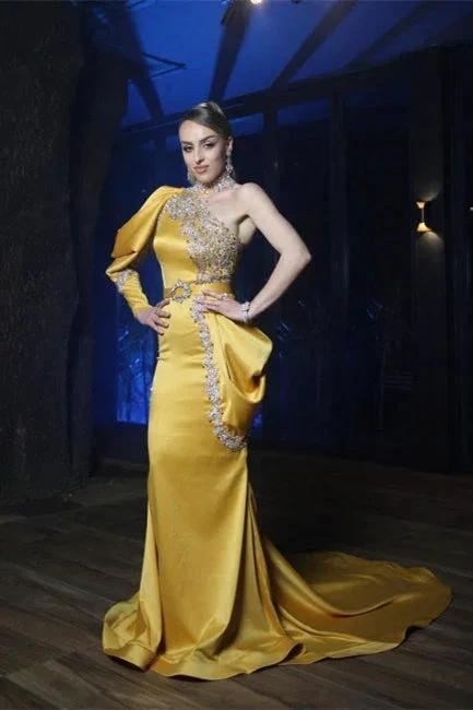 Sexy One Puffy Sleeves Satin Mermaid Prom Dress with Glitter Crystals - Image 4